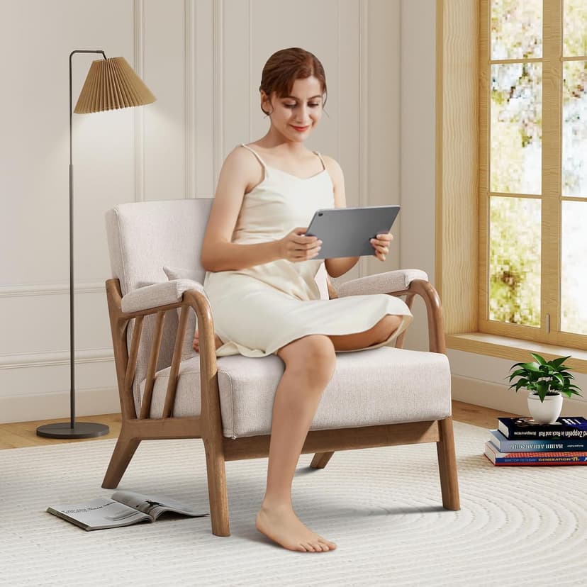 IOMOR Mid Century Modern Accent Chair with Solid Wood Frame Linen Fabric, Upholstered Living Room Chairs with Lumbar Cushion Padded Arms, Reading Armchair for Bedroom (1, Warm Beige)
