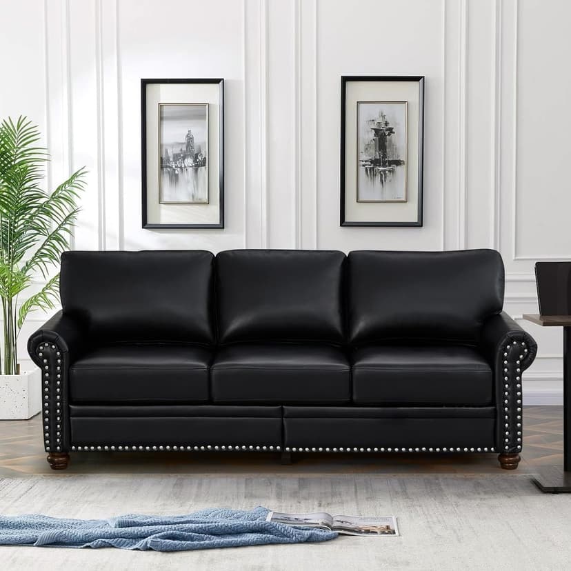 2 Piece Faux Leather Sofa Set,Modern Couch and Loveseat Sets with Storage,Mid Century Couch with Rivet Rolled Arm,Comfy Deep Seat Sofa,Furniture for Living Room,Office(Loveseat+3 Seater,Black)