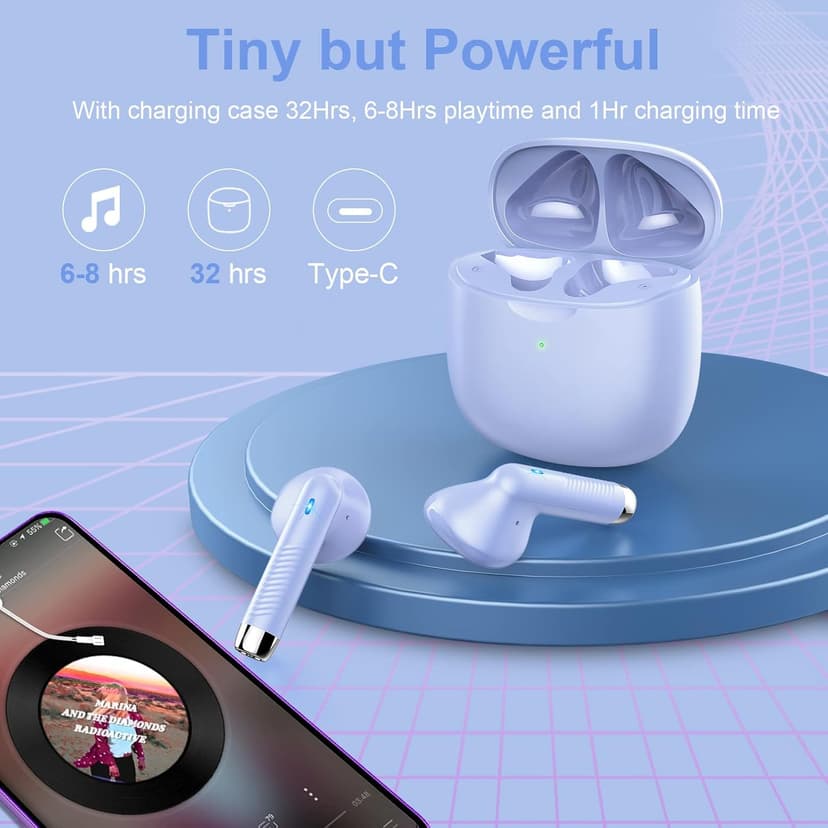 Jxrev Wireless Earbuds, Bluetooth 5.3 Headphones in Ear with Noise Cancelling Mic, Earbuds Stereo Bass, IP7 Waterproof Sports Earphones, 32H Playtime USB C Charging Ear Buds Purple for Android iOS