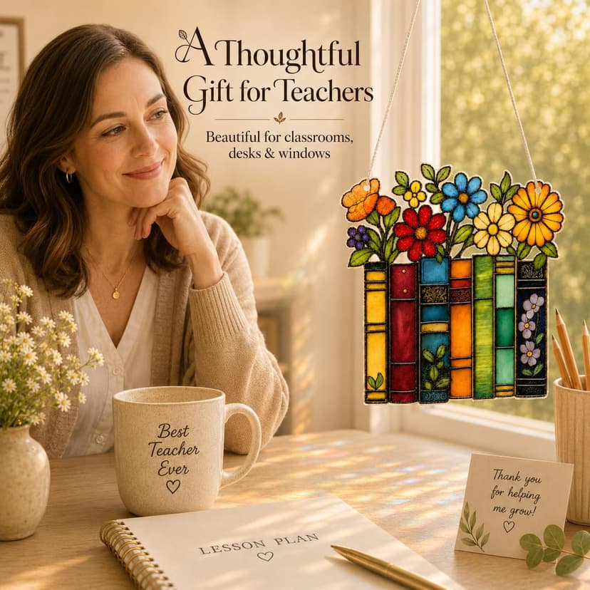 Book Lovers Gifts for Women, Book Ornament Faux Stained Glass Window Hanging, Bookish Gifts for Teacher, Librarian, Reader, Bookworm, Christmas Stocking Stuffer Tree Decorations (Floral Shelf)