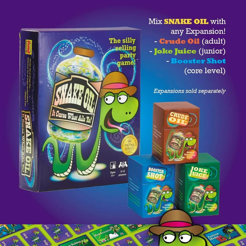 SNAKE OIL - The Silly Selling Party Game - Funny Group 3-10 Player Card Games - Fun Travel Activity for Friends and Family - Booster Shot Expansion for Ages 10+