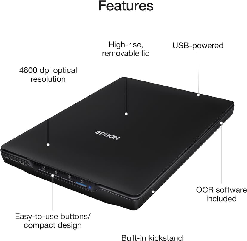 Epson - Perfection V39 II - Color Photo and Document Flatbed Scanner - 4800 dpi Optical Resolution - High-Rise, Removable Lid - Scan to Cloud - USB Power - Image Scanning - Black