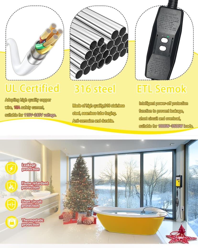 2000W Bathtub Heater | Pool Heater for Above Ground Pools, Portable Extra Baptistry Heaters for Baptismal Water Warmer, Inflatable Hot Tubs Warmer -120V Immersion Water Heaters for Bathtub