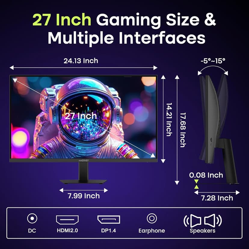 Amzfast 27" 240Hz 1ms FPS Gaming Monitor, Fast VA FHD 1080P, Adaptive Sync, HDR 400, 4000:1 Contrast, 125% sRGB, Built-in Speaker, HDMI 2.0 & DP 1.4 with DP Cable, VESA