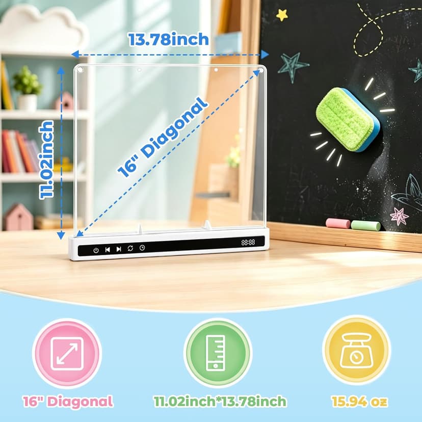 USB-C Rechargeable, 3mm Acrylic Surface, 7 Markers, Tracing Book, Clean Kit, Washable Eraser KVXAJWOT 16" LED Drawing Board, 16 Light Modes, 8 Colors, Built-in Stand B0H9L6KVJH