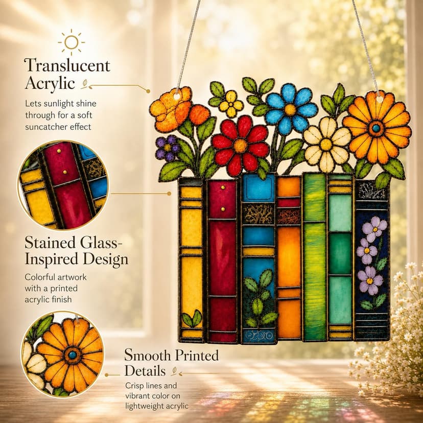 Book Lovers Gifts for Women, Book Ornament Faux Stained Glass Window Hanging, Bookish Gifts for Teacher, Librarian, Reader, Bookworm, Christmas Stocking Stuffer Tree Decorations (Floral Shelf)