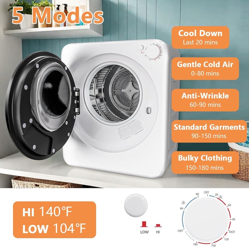 DOGHLY 120V Portable Electric Clothes Dryer, 800W Compact Laundry Dryer, Easy Control, 1.6 Cu.Ft Front Load Stainless Steel Electric Dryers Machine with Simple Control Knob for Apartment, RV, Dorm