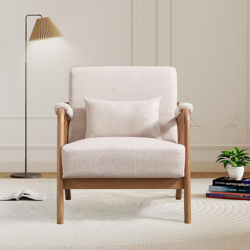 IOMOR Mid Century Modern Accent Chair with Solid Wood Frame Linen Fabric, Upholstered Living Room Chairs with Lumbar Cushion Padded Arms, Reading Armchair for Bedroom (1, Warm Beige)