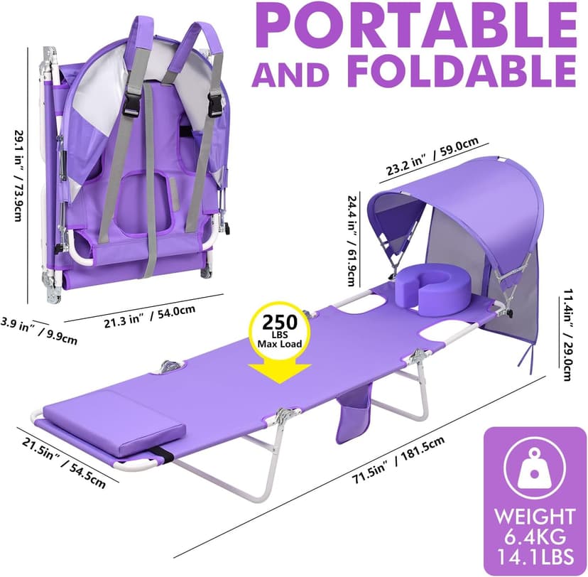 Backpack Beach Tanning Lounge Chair with Canopy Shade Face Hole Padded Adjustable Washable, 6 Position Layout Chair for Outside Sunbathing Poolside Lawn, UPF 50+ Wind-Resistant Sun Shade, Patented