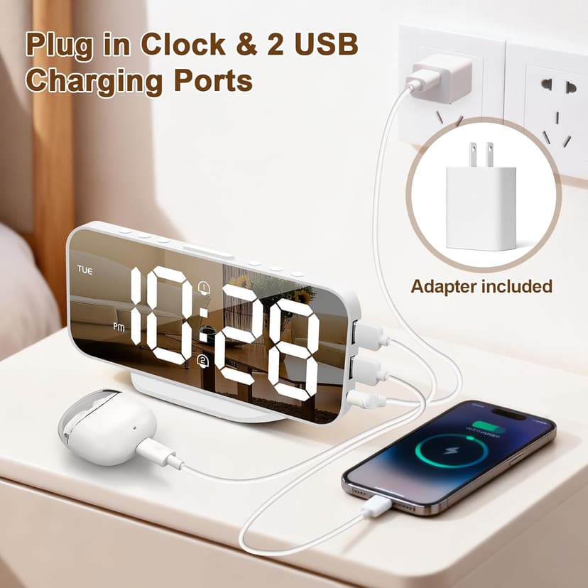 ALANAS Slim Digital Alarm Clock, Big Mirror Display with Dual USB Charger Ports, Dual Alarms, Snooze, 4-Level Adjustable Dimmer,for Bedroom, Office, Desk, Dorm, College Students, Home Decor,Gift