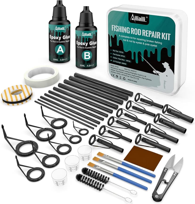 Ailiaili Fishing Rod Repair Kit - 3-IN-1 Fishing Pole Complete Supplies Kit for Rod Tips, Fishing Rod & Guide Eyelets Replacement, with Epoxy Glue, Wrapping Thread and Other Fishing Accessories & Gear