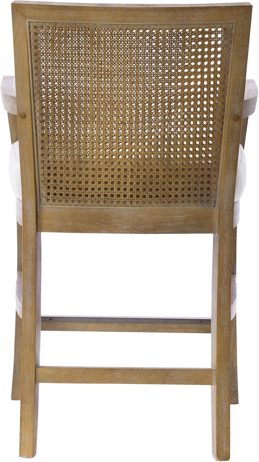 Madison Park Bar Stool with Rattan Back, Wood Counter Height Barstools, Farmhouse Stools with Open Arm Design, Mid-Century Modern Upholstered Bar Chair for Kitchen Island, 18.5" D x 18.5" W x 25.5" H