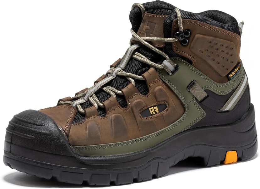 ROCKROOSTER Woodland Waterproof Composite Toe Work Boots for Men, 5" Comp Toe Cap Non-Slip Rubber Safety Boot, Leather Construction Hiking Boots, Comfortable, ASTM F2413-18 I/75 C/75 EH, AK661
