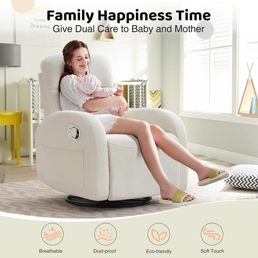 Rocking Recliner Nursery Chair, Swivel Recliner Glider for Nursery with 2 Pockets, Reclining Rocking Chair, Manual Recliners for Living Room, Bedroom, Cream White Chenille