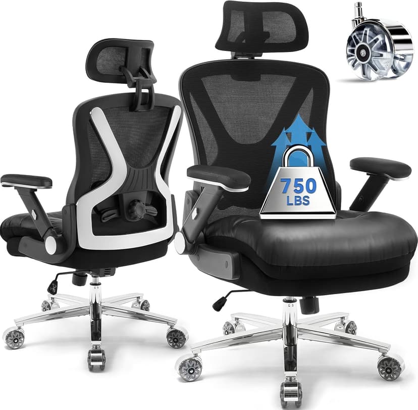 750lbs Ergonomic Office Chair,Upgrade Big and Tall Office Chairs for Heavy People,Mesh High Back Desk Chair with 5D Flip Arms Large Wheels,Adjustable Headrest & Lumbar Support,Wide Chairs