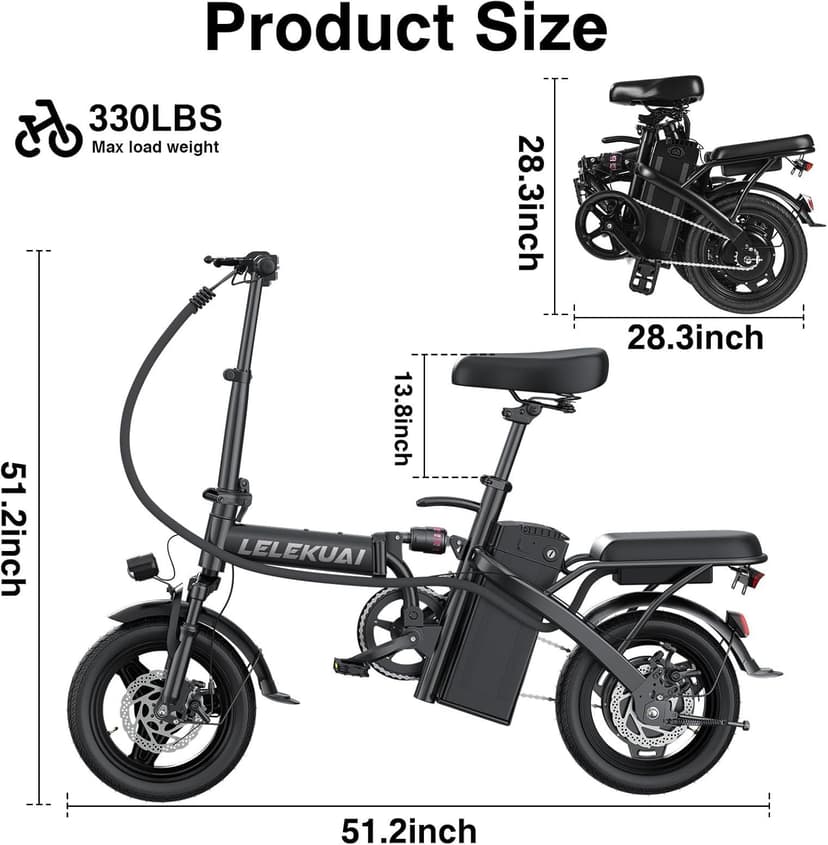 Electric Bike for Adults and Teens, 520W-560W Motor, 20-24MPH, 32 Miles Range, 48V 10Ah Battery, 3-Level Pedal Assist, 14" Foldable Mini Electric Bicycle, UL 2849 Certified