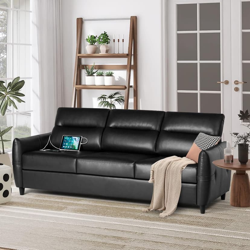 STHOUYN 85” Black Faux Leather Couch with USB, 3 Seater Sofa Couches for Living Room, Large Mid Century Modern Office Apartment Couch (Black)