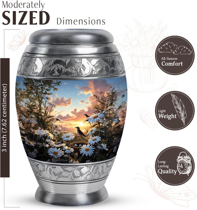 Daisies Flower Urn - Mini Urns for Ashes for Women - Companion Urn for Husband & Wife - Decorative Sunset Urns for Human Ashes Dad - Mom Cremation & Burial - 3 Inch B0GRV4BWNB