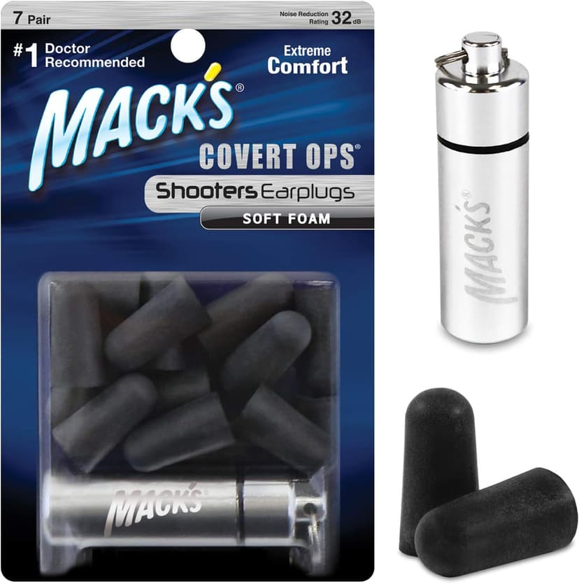 Mack's Covert Ops Soft Foam Shooting Ear Plugs, 7 Pair Plus Travel Case - 32 dB High NRR, 37dB SNR - Comfortable Earplugs for Hunting, Tactical, Target, Skeet and Trap Shooting