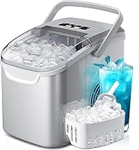 Portable Countertop Ice Maker Machine with Handle, 9 Bullet-Shaped Ice Cubes Ready in 6 Mins, 26Lbs/24H, Self-Cleaning Function with Ice Scoop and Basket for Home/Kitchen/Party (Grey)