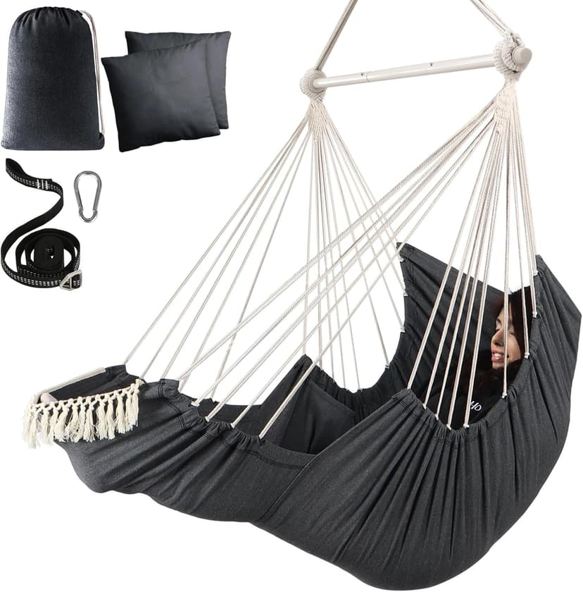 Chihee Hammock Chair Hanging Chair with Foot Rest 2 Cushions Max 500lbs Robust Metal Spreader Bar Collapsible Easy Storage Soft Cotton Swing Chair Strong Strap Iron Carabiner Side Pocket Included