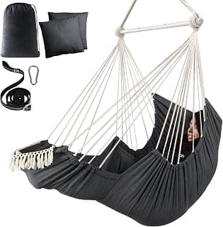 Chihee Hammock Chair Hanging Chair with Foot Rest 2 Cushions Max 500lbs Robust Metal Spreader Bar Collapsible Easy Storage Soft Cotton Swing Chair Strong Strap Iron Carabiner Side Pocket Included