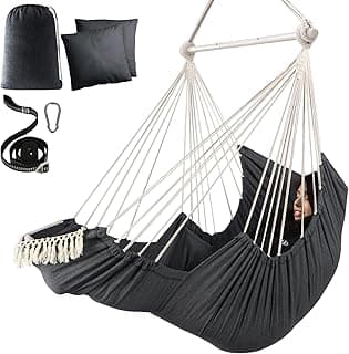 Chihee Hammock Chair Hanging Chair with Foot Rest 2 Cushions Max 500lbs Robust Metal Spreader Bar Collapsible Easy Storage Soft Cotton Swing Chair Strong Strap Iron Carabiner Side Pocket Included