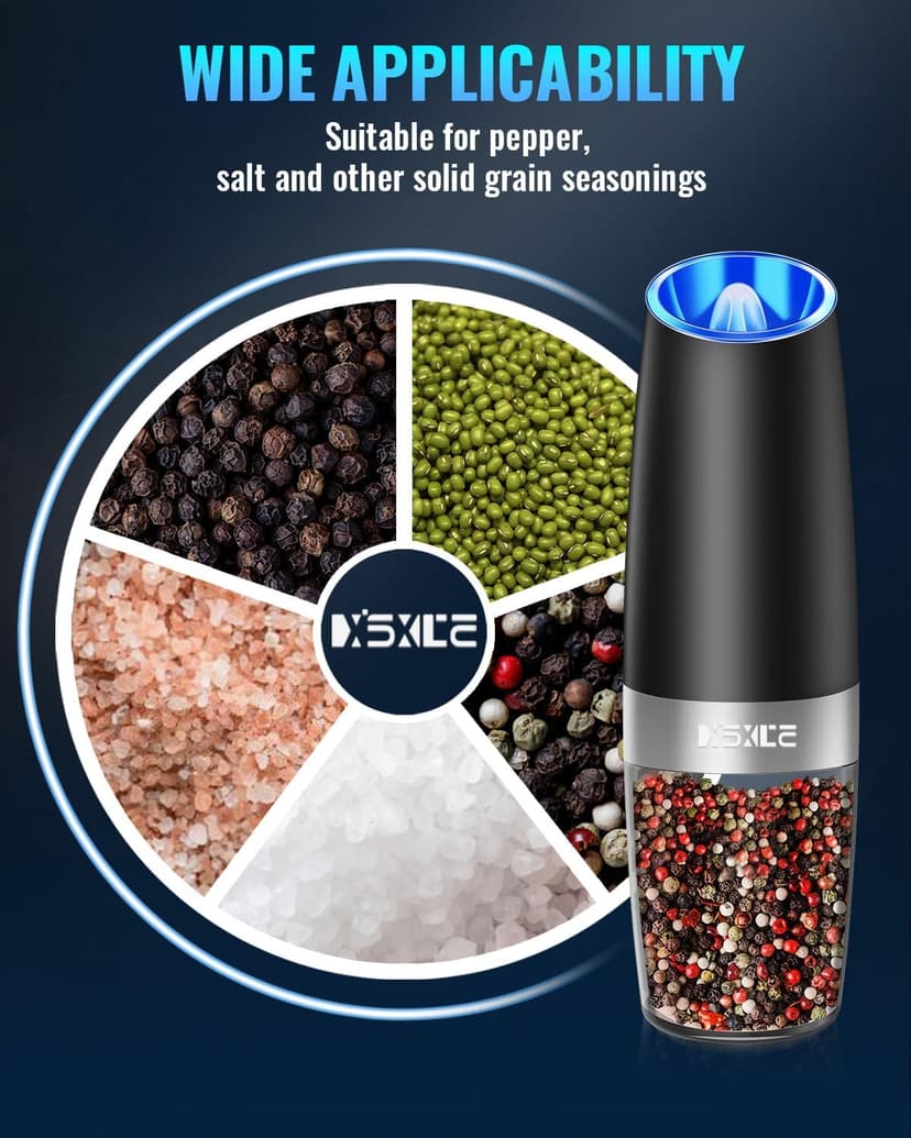 XinXu Gravity Electric Pepper and Salt Grinder Set, Adjustable Coarseness, Battery Powered with LED Light, One Hand Automatic Operation, 2 Pack/Black