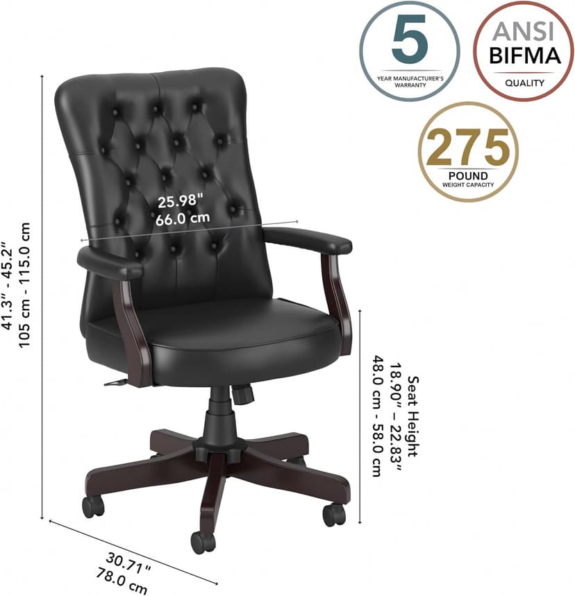 Bush Business Furniture Arden Lane High Back Tufted Office Chair with Arms in Black Leather, Comfortable Computer Desk Seating for Home or Professional Workspace