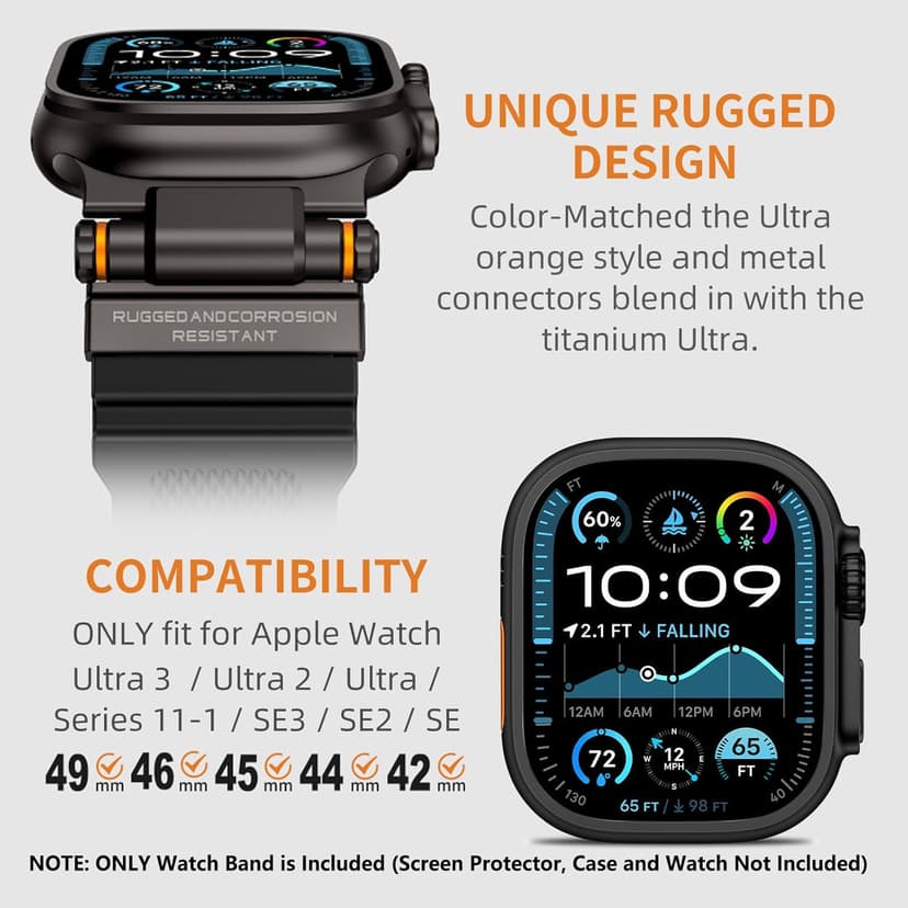 FOAMUNOC Rugged Band Compatible with Apple Watch Ultra 3/2/1 Band 49mm/46mm/45mm/44mm/42mm, Metal Connector with Silicone Strap for iWatch Ultra Series 11/10/9/8/7/6/SE3/SE2/SE/5/4/3/2/1, Black/Black