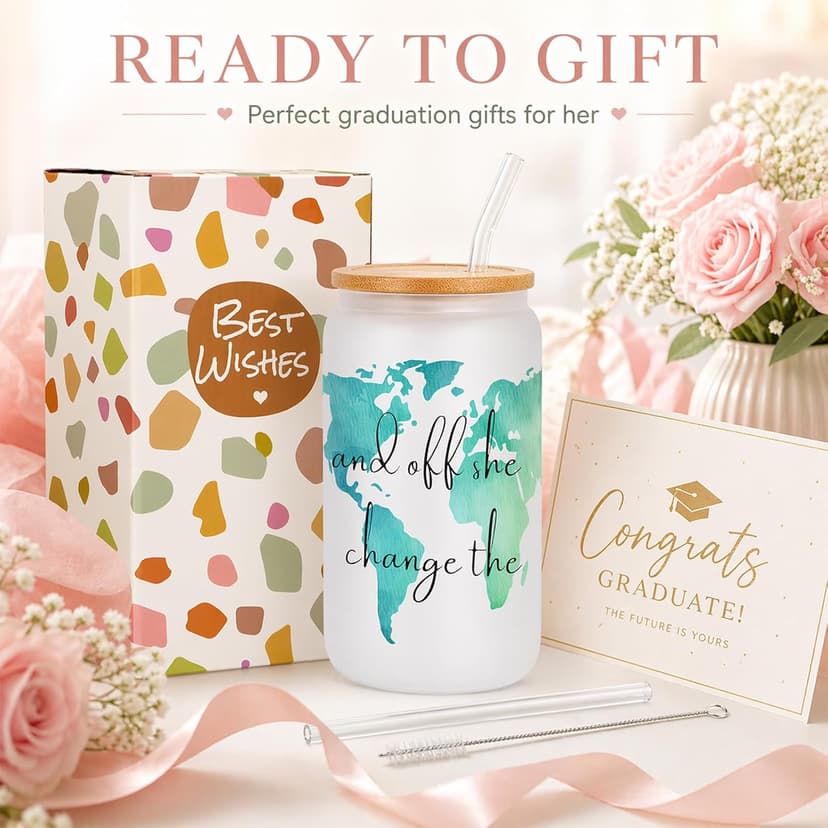 Frerdui Graduation Gift for Her – And Off She Went to Change the World 16oz Glass Cup, Cute Grad Gift for College High School Graduate, Grad Gift for Daughter Niece Granddaughter Friend B0GTY7QRB9