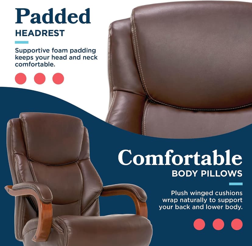 La-Z-Boy Delano Big and Tall Executive Office Chair - Ergonomic Lumbar Support Memory Foam - Bonded Leather Desk Chair for Home Office - Mahogany Wood Arms - Chestnut Brown