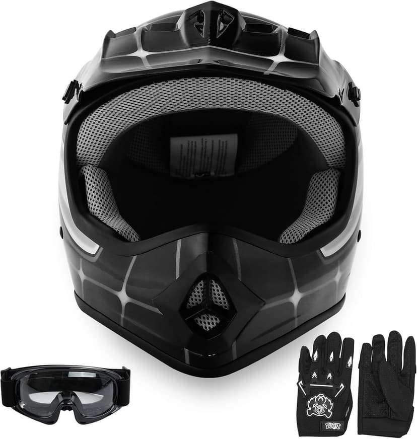 SLMOTO DOT Youth & Kids Motocross Offroad Street Helmet Black Spider Motorcycle Youth Helmet Dirt Bike Motocross ATV Helmet+Goggles+Gloves Medium