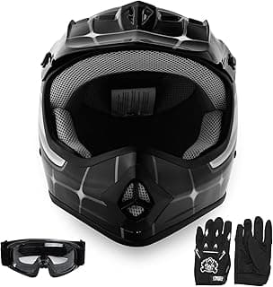 SLMOTO DOT Youth & Kids Motocross Offroad Street Helmet Black Spider Motorcycle Youth Helmet Dirt Bike Motocross ATV Helmet+Goggles+Gloves Medium