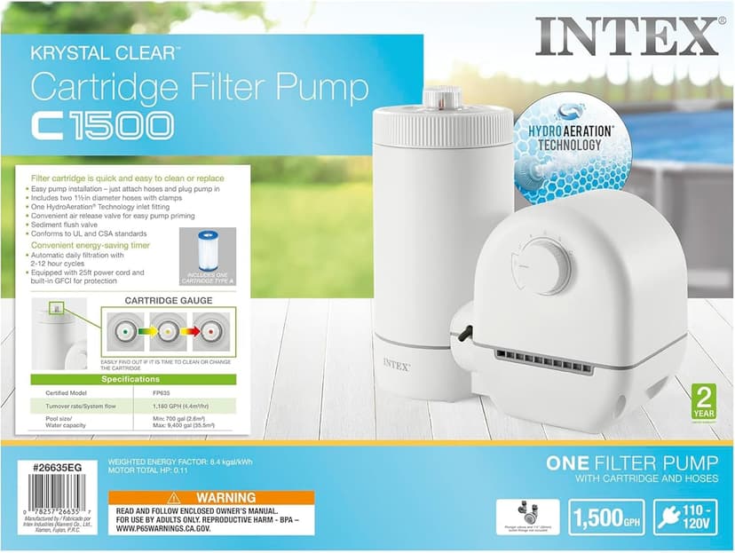 INTEX C1500 Cartridge Filter Pump for AGP: 1500 GPH Pump Flow Rate - Cartridge Gauge Indicator - HydroAeration Technology - Includes Type A Filter Cartridge - Turnover Rate/System Flow 1180 GPH