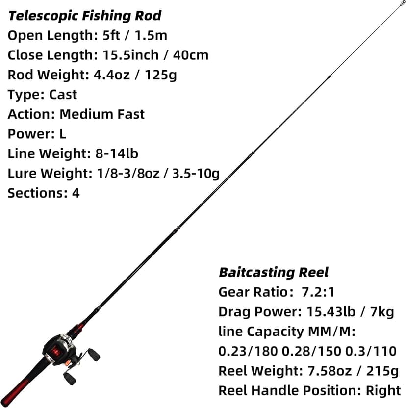 Kilitn Fishing Rod and Reel Combo, Baitcasting Combo Baitcast Reel 5 Foot Durable Fiberglass Telescopic Rod with Fishing Line Full Kits Comfortable Handle