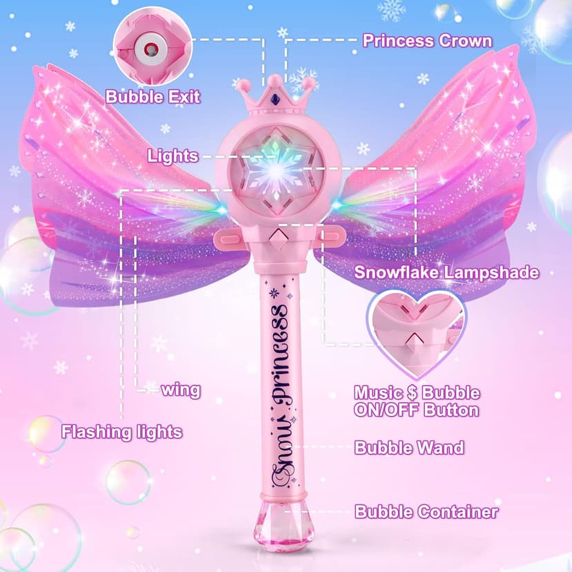 3 AA Batteries & 2 Bubble Solutions, Outdoor Party Birthday Gift for Girls 3-8, Bubble Machine for kids, Princess Toys, Pink Bubble Wand for Kids, LED Light Music Bubble Toys Girl Gifts Age 3+ B0BX57W4RX