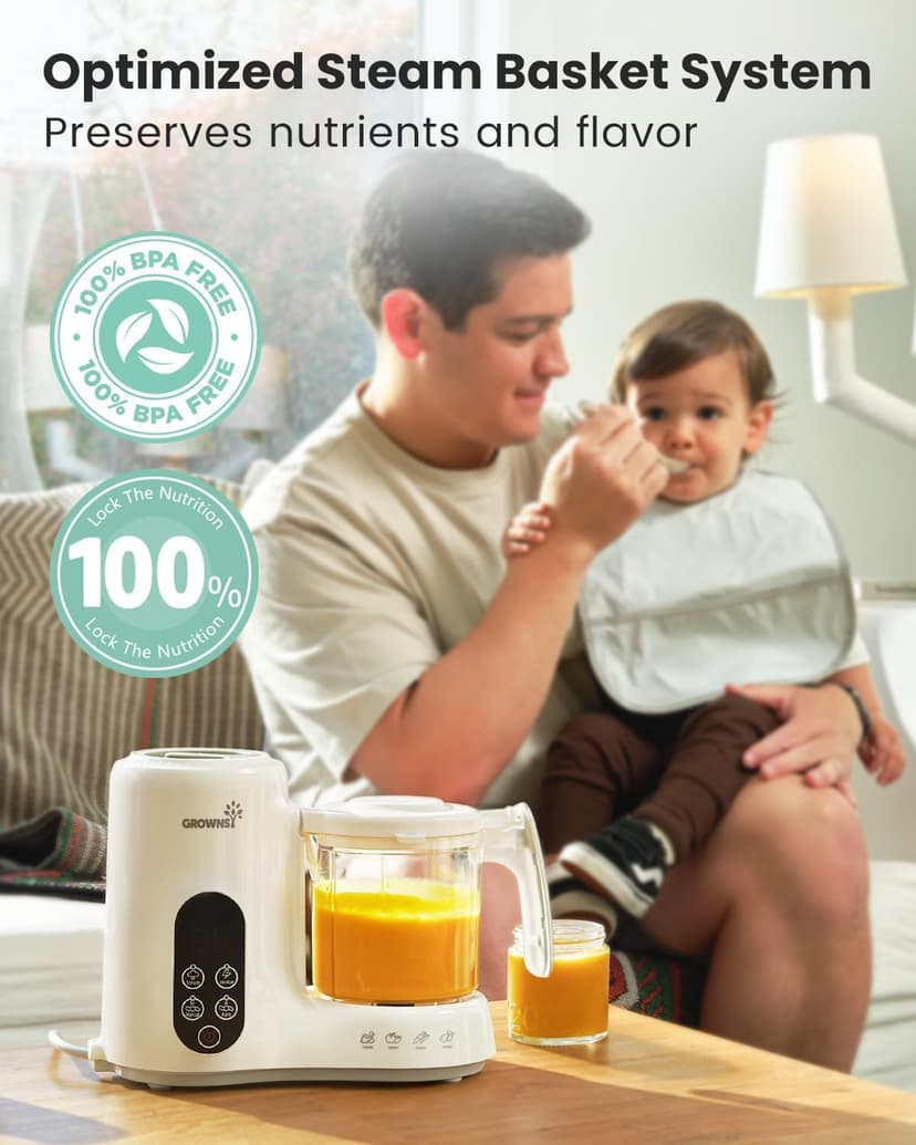 BPA-Free Elevated Steam Basket, Healthy Homemade Baby Food Purees, Starting Solids & BLW, Baby Feeding Essentials, 6+ Months Grownsy Baby Food Maker, Steamer & Blender Baby Food Processor, White B0DGL879NT