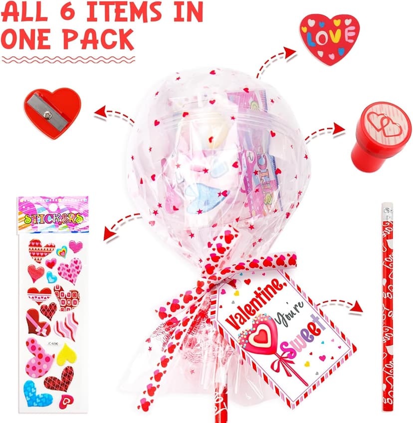 Valentines Day Gifts for Kids - 24 Pack Giant Lollipop-Shaped Stationery Set with Valentine's Cards Pencils Stickers Erasers Stampers Sharpener for Classroom Exchange School Boys Girls Party Favors