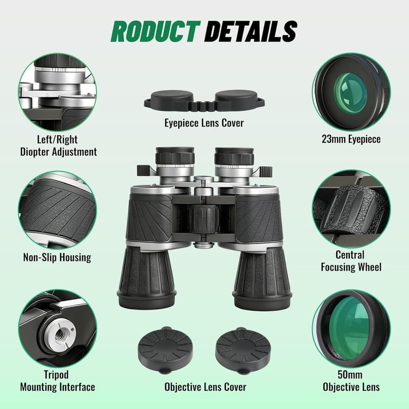 10x50 Binoculars with Dual Independent Eyepiece Adjustment, with BAK4 Prism FMC Lens Low Light Vision & Large View - Professional Binocular for Bird Watching Hunting Stargazing Sports Travel