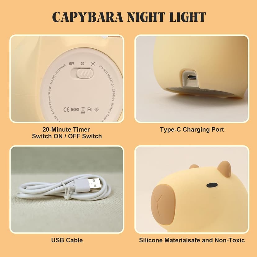 YuanDian Capybara Night Light - Adorable Silicone Lamp for Kids, Babies, Adults | Cute Capybara Gift, Nursery Bedroom Decor B0CQP7MPC1