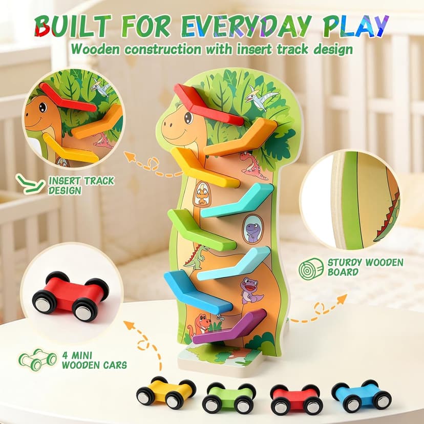 4 Mini Cars, 8 Level Race Track Car Truck, Car Toys for Toddlers 1-3, One 1st Birthday Gift Montessori Toys for 1 2 3 Year Old Boy, Dinosaur Wooden Car Ramp Race Track B0H7H5XWV5