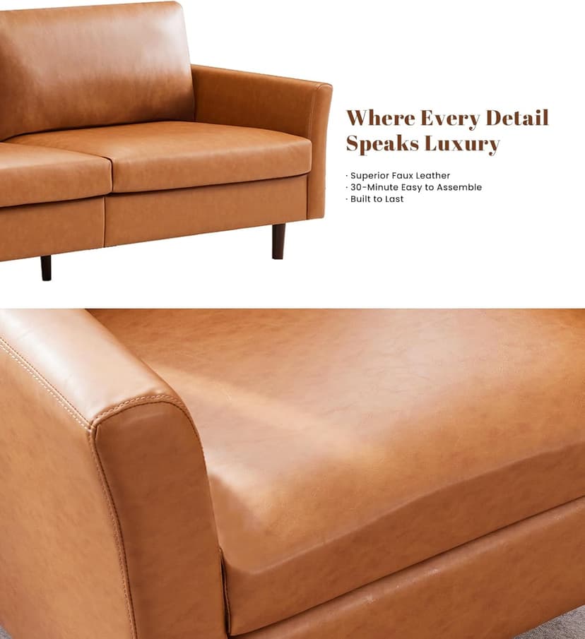 Kingfun Faux Leather 3 Seat Couch for Living Room, Mid Century Modern Sofa with Rolled Arms and Deep Seats, Fluffy Comfort for Apartment, Easy to Assemble, Chestnut