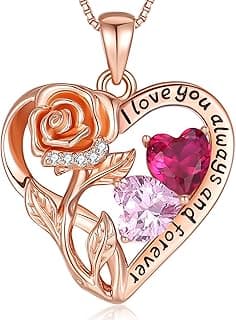 925 Sterling Silver Double Birthstone Rose Flower Heart Jewelry Necklaces for Women Anniversary Love Forever Necklaces for Her Birthday Gifts for Wife Girlfriend Mom Mothers Day Rose Gold