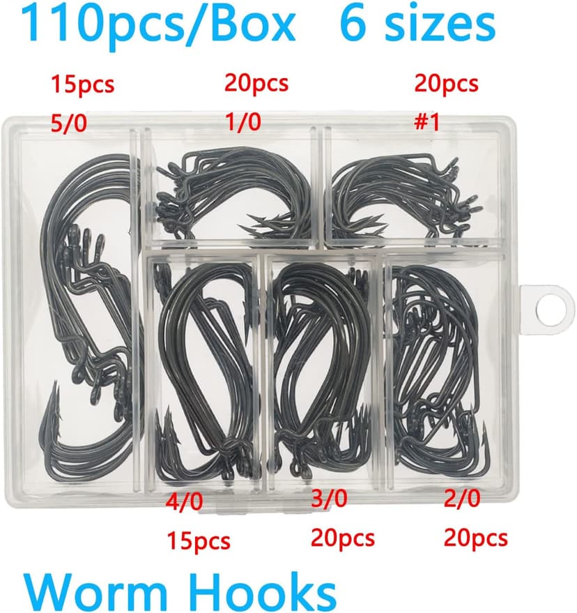 Afmivs Worm Hooks for Bass Fishing Hooks, 110pcs Bass Hooks Fishing, 6 Sizes Fishing Hooks Freshwater, Eagle Claw Hooks #1 1/0 2/0 3/0 4/0 5/0 Black High Carbon Steel with Portable Plastic Box