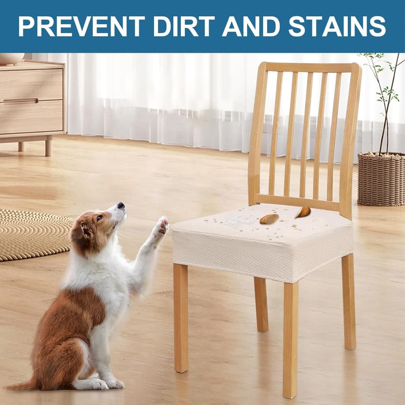 Smiry Waterproof Seat Covers for Dining Room Chairs Set of 4, Stretch Jacquard Removable Washable Chair Seat Slipcovers Protector, No Rear Covers, Beige