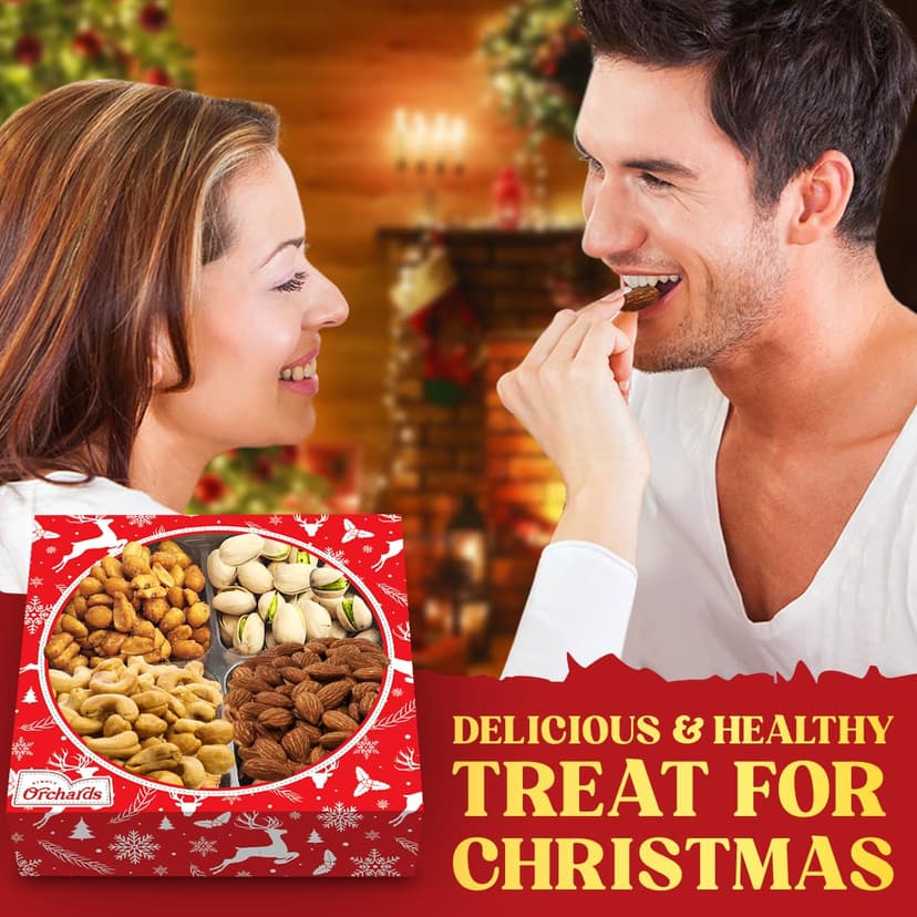 Christmas Nuts Gift Basket for Holiday Season, Premium Mixed Nut Assortment Gift Gourmet Snack Food Present Box, Christmas Gift Basket for Family (4 Sectional)