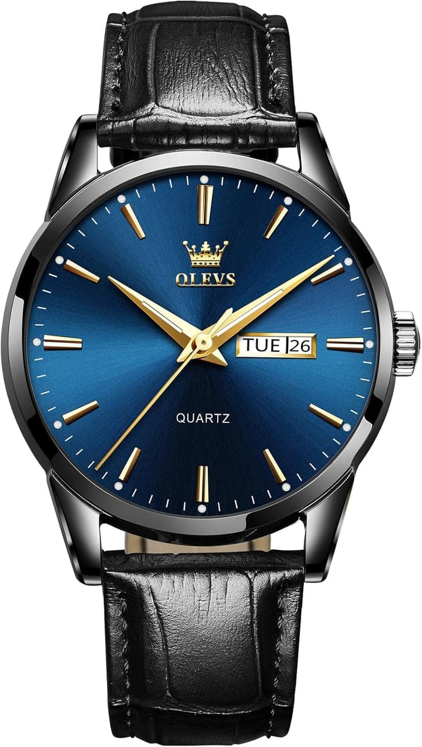 QBAIZI Men's Casual Leather Watch, Easy to Read Three-Hand Analog Stainless Steel Watches for Men, Minimalist Day Date Waterproof Luminous Mens Quartz Wristwatch