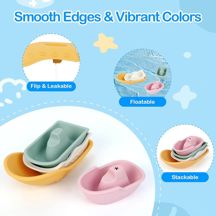 MCGMITT Baby Bath Toys for Kids Ages 1-3, 12 PCS Silicone Mold Free Bathtub Toys for 6-12 Months, Soft Stacking Cups & No Hole Duck & Floating Boats, Beach Sand Water Table Pool Toys for Toddlers