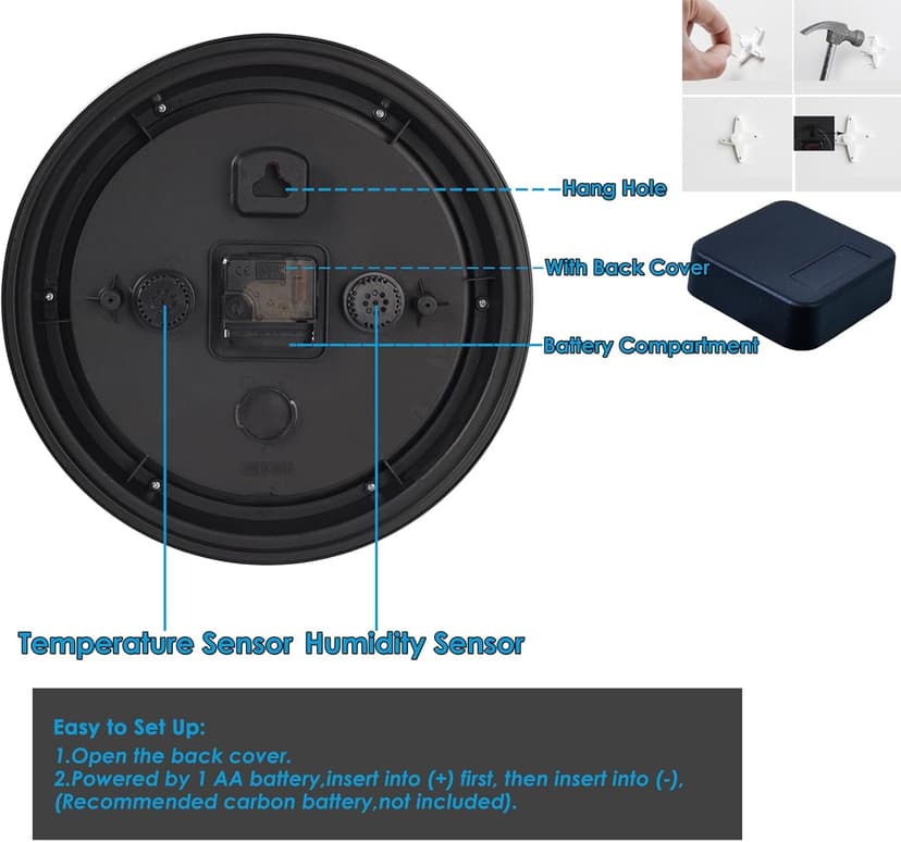 12 Inch Outdoor Clock with Thermometer and Hygrometer Combo, Waterproof Indoor Outdoor Wall Clocks for Patio, Pool, Garden, Bathroom Decor- Blue